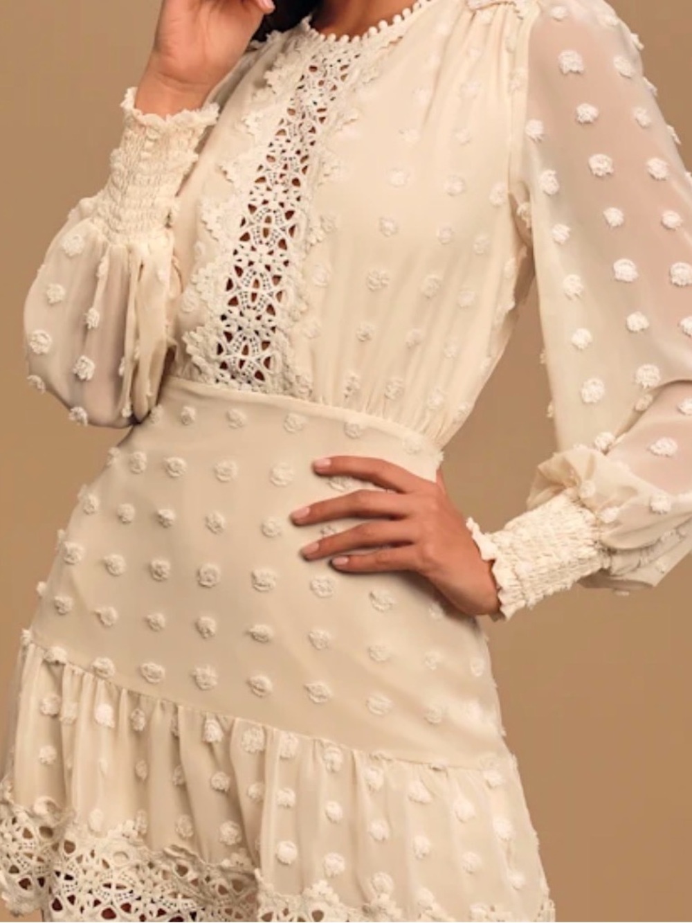 Lulu's Cream Swiss Dot Lace-Trim Long Sleeve Dress